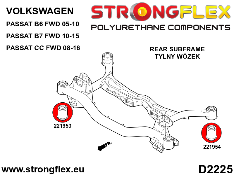 Silentblock trasero del subchasis trasero SPORT Volkswagen Passat B6 B7 FWD (221954A)