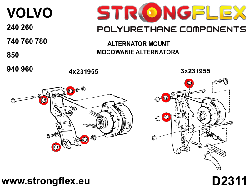 Silentblock del soporte del alternador 27,5mm SPORT Volvo Serie 200 FWD AWD (231955A)