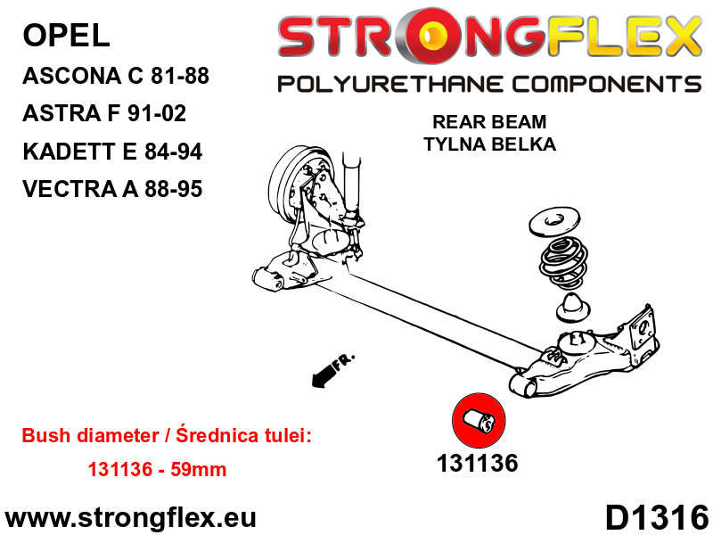 Silentblock de viga trasera 59mm Opel Ascona FWD Astra Kadett Vectra (131136B)