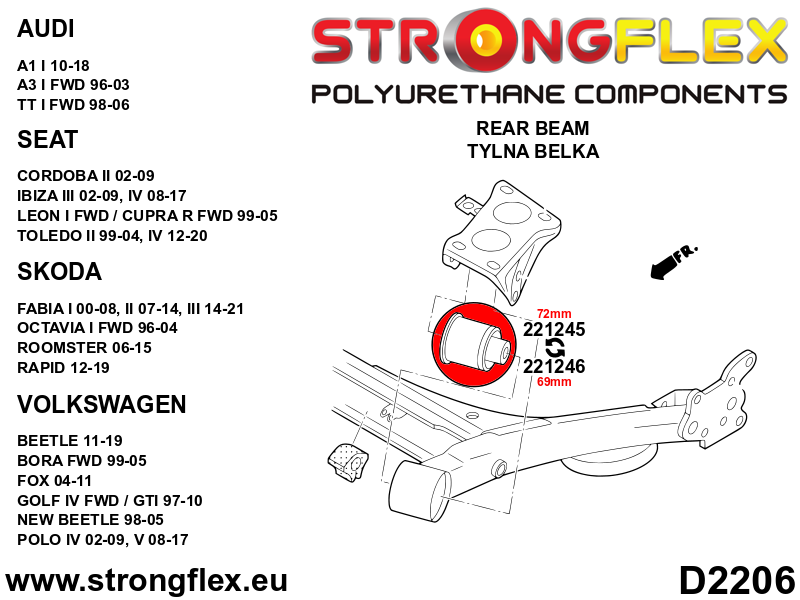 Silentblock del subchasis trasero 72 mm SPORT Audi A3 8L 8N 8X 6L 6J 1M 6Y (221245A)