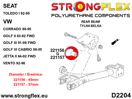 Silentblock del subchasis trasero 45 mm Seat Toledo 1L 1G A2 FWD Corrado (221156B)