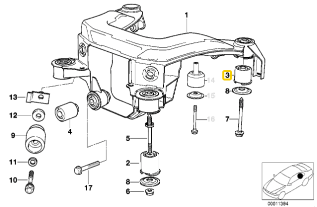 Rear subframe 90SH polyurethane bushings BMW E36