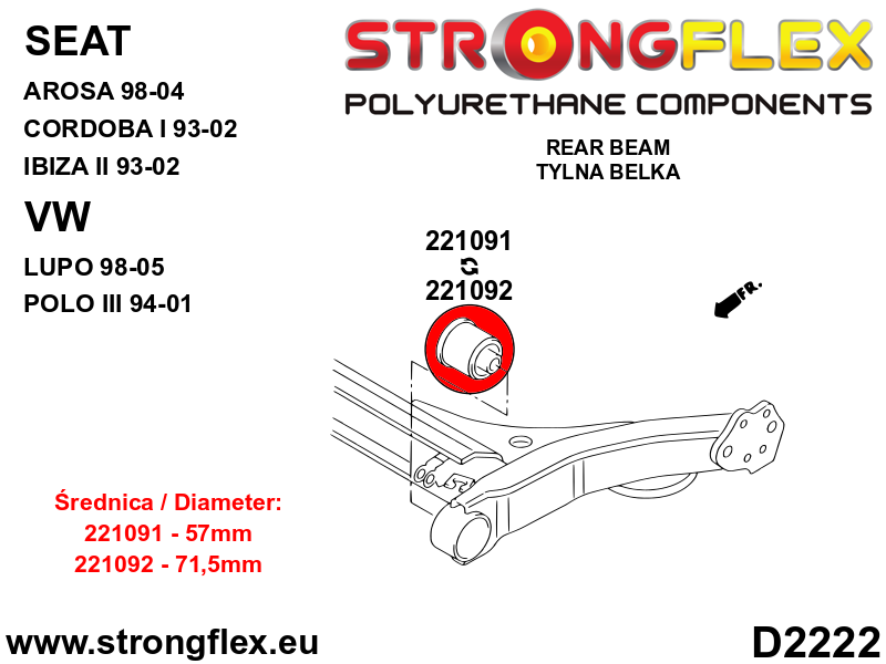 Silentblock del eje trasero 57 mm Seat Córdoba 6K 6N Ibiza Arosa 6H Polo (221091B)