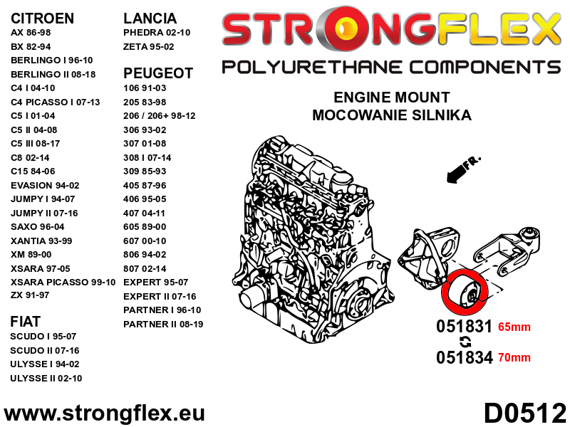 Soporte inferior del motor 70mm Citroën AX Saxo Chanson Xsara ZX Berlingo (051834B)