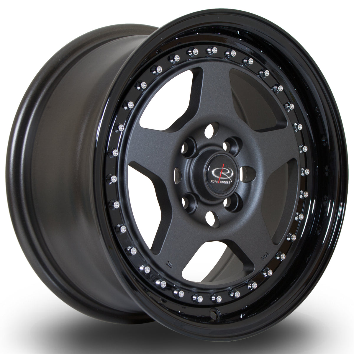Llanta Rota Kyusha 15x7" 4x100 ET38 gunmetal / labio negro brillo