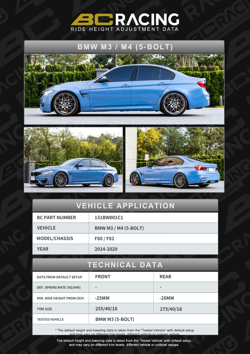 BC Racing ASP — Muelles de rebaje con platos regulables BMW M3 F80 / M4 F82 RWD (14-20), torreta 5 tornillos